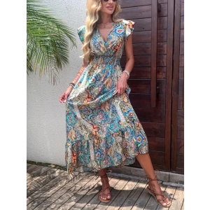 Kadın Kısa Kollu Kruvaze Yakalı Desenli Maxi Elbise