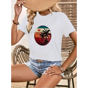 Kadın Kısa Kollu Palmiye Baskılı Viskon T-shirt