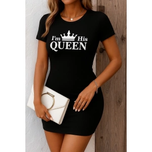 Kadın Kısa Kollu Queen Baskı Iki Iplik Mini Elbise