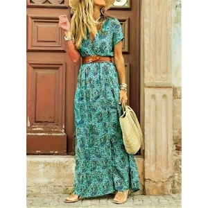 Kadın Kısa Kollu V Yaka Etnik Desenli Yırtmaç Detay Süprem Elbise (kemersiz)