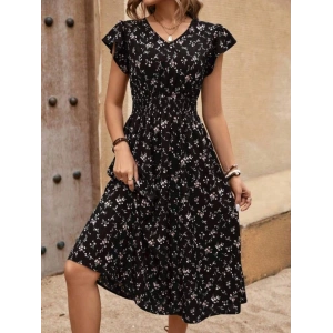 Kadın Kısa Kollu V Yakalı Beli Lastikli çiçek Desenli Süprem Elbise