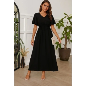 Kadın Kısa Kollu V Yakalı Beli Lastikli Uzun Viskon Elbise