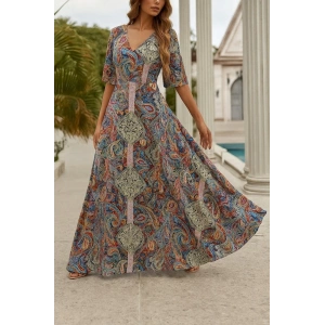 Kadın Kısa Kollu V Yakalı Desenli Süprem Elbise