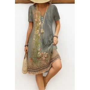 Kadın Kısa Kollu V Yakalı Desenli Süprem Elbise