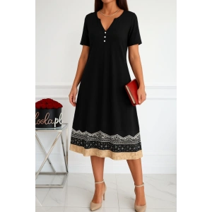 Kadın Kısa Kollu V Yakalı Etek Ucu Desenli Viskon Elbise