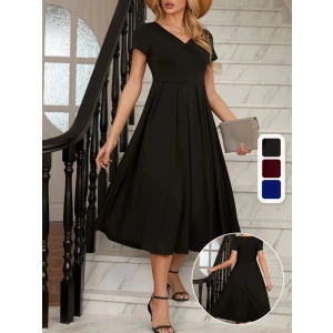 Kadın Kısa Kollu V Yakalı önden Pileli Midi Janjan Krep Elbise