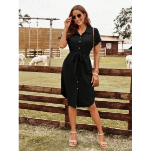 Kadın Kısa Kollu Yakalı önden Düğmeli Beli Kuşaklı Bürümcük Elbise