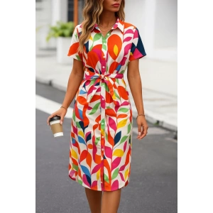 Kadın Kısa Kollu Yakalı önü Düğmeli önden Drapeli Desenli Süprem Elbise