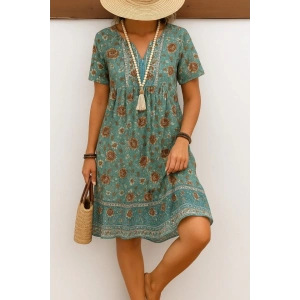 Kadın Kısa Kollu Yakası Bağcıklı önden Düğmeli Fırfır Desenli Süprem Elbise