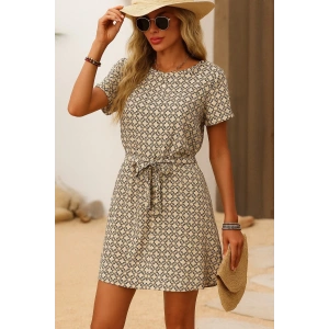 Kadın Kısa Kollu Yuvarlak Yaka Beli Kuşaklı Geometrik Desenli Süprem Elbise