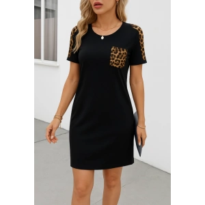Kadın Kısa Kollu Yuvarlak Yaka Cepli Leopar Desen Detaylı Viskon Elbise