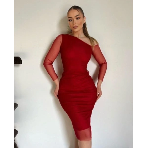 Kadın Kolları Tül Detay Omuz Dekolteli Diz üstü Kalem Elbise