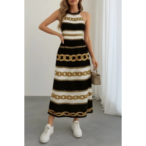 Kadın Kolsuz Boyundan Bağlamalı Beli Lastikli Dijital Baskı Süprem Uzun Elbise