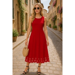 Kadın Kolsuz Etek Ucu Lazer Kesim çiçek Desenli Midi Boy Ithal Krep Elbise