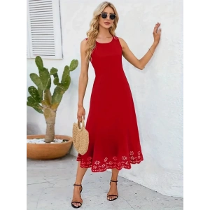 Kadın Kolsuz Etek Ucu Lazer Kesim çiçek Desenli Midi Boy Ithal Krep Elbise