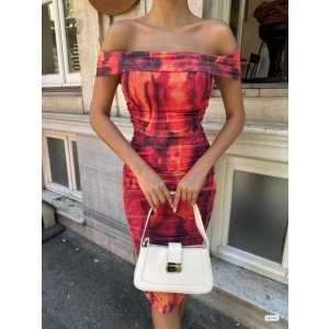 Kadın Madonna Yaka Dalga Desen Midi Boy şifon Elbise