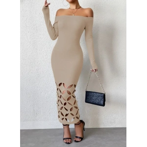 Kadın Madonna Yaka Uzun Kollu Lazer çiçek Kesim Detaylı Uzun Ithal Krep Elbise