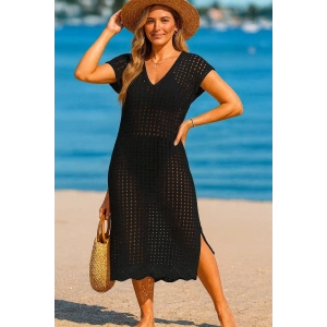 Kadın Sıfır Kol V Yaka Yanı Derin Yırtmaçlı Midi Boy Triko Elbise