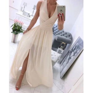 Kadın şifon Kumaş V Yaka Sıfır Kol Maxi Boy Elbise