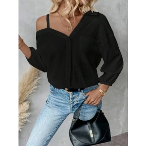 Kadın Tek Omuzdan Açık Askılı Uzun Kollu Yakalı önden Düğmeli Gömlek