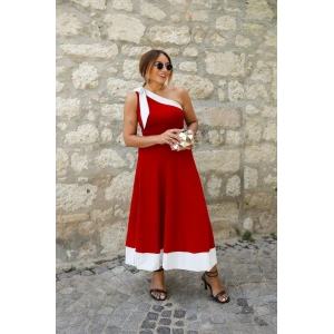 Kadın Tek Omuzu Açık Omuzlardan Kurdela Detaylı çift Renkli Ithal Krep Elbise