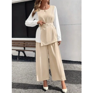 Kadın Uzun Kollu Açık Yakalı çift Renkli Kemerli Ithal Krep Ikili Takım