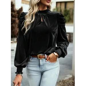 Kadın Uzun Kollu Balıkçı Yaka Damla Detaylı Kadife Bluz