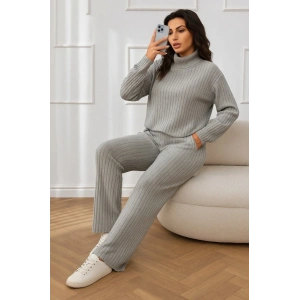 Kadın Uzun Kollu Balıkçı Yaka şardonlu Bluz Ve Pantolon Ikili Takım