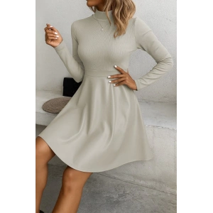 Kadın Uzun Kollu Balıkçı Yaka üst Kaşkorse Alt Deri Detaylı Mini Elbise