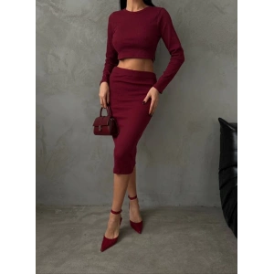 Kadın Uzun Kollu Bisiklet Yaka Crop Ve Midi Boy Kaşkorse Kumaş Etek Ikili Takım