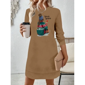 Kadın Uzun Kollu Bisiklet Yaka Desenli Viskon Iki Iplik Elbise