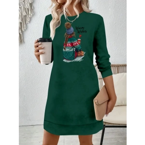 Kadın Uzun Kollu Bisiklet Yaka Desenli Viskon Iki Iplik Elbise