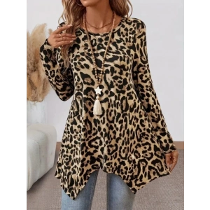Kadın Uzun Kollu Bisiklet Yaka Leopar Desenli Süprem Bluz