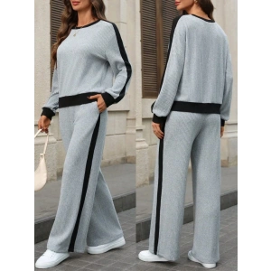 Kadın Uzun Kollu Bisiklet Yaka şardonlu Kaşkorse Bluz Ve Pantolon Ikili Takım