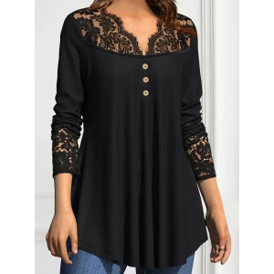 Kadın Uzun Kollu Dantel Detaylı Düğmeli Viskon Bluz