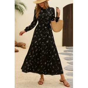 Kadın Uzun Kollu Hakim Yakalı Düğmeli Kuşaklı Desenli Maxi Mikro Süprem Elbise