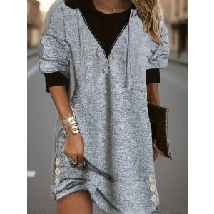 Kadın Uzun Kollu Kapşonlu önden Fermuarlı Düğmeli Mini Iki Iplik Elbise