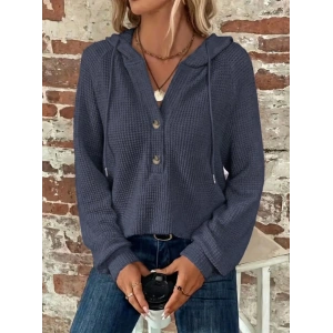 Kadın Uzun Kollu Kapşonlu önü Düğmeli Ve Bağcıklı Waffle Bluz