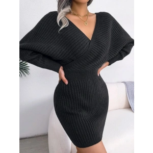 Kadın Uzun Kollu Kruvaze Geniş Yakalı Mini Triko Elbise