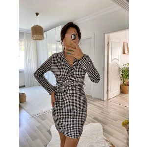 Kadın Uzun Kollu Kruvaze Yaka Bağlamalı Kemer Dalgıç Mini Boy Elbise