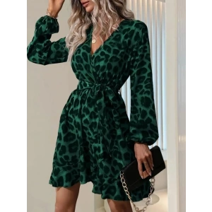 Kadın Uzun Kollu Kruvaze Yaka Beden Kuşaklı çapraz Kesim Detaylı Leopar Modal Mini Elbise