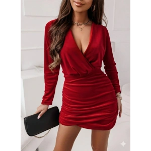Kadın Uzun Kollu Kruvaze Yaka Yandan Büzgülü Mini Ithal Krep Elbise