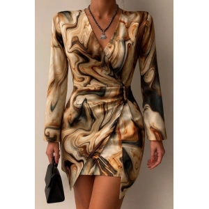 Kadın Uzun Kollu Kruvaze Yakalı Asimetrik Detaylı Mini Modal Elbise