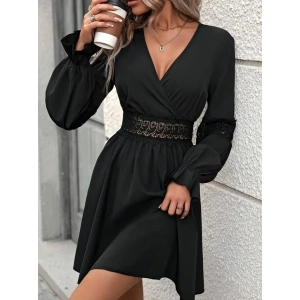 Kadın Uzun Kollu Kruvaze Yakalı Dantelli Fermuar Detaylı Kısa Ithal Krep Elbise