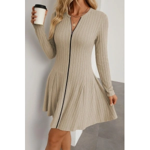 Kadın Uzun Kollu önden Fermuarlı Pileli şardonlu Kaşkorse Mini Elbise