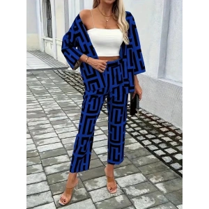 Kadın Uzun Kollu önü Açık Desenli Iki Iplik Ceket Ve Pantolon Ikili Takım