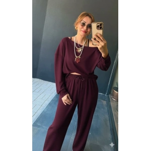 Kadın Uzun Kollu Tek Omuzdan Açık Viskon Iki Iplik Bluz Ve Pantolon Ikili Takım