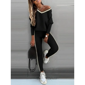 Kadın Uzun Kollu Tek Omuzu Açık Detaylı Viskon Iki Iplik Bluz Ve Pantolon Ikili Takım