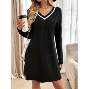 Kadın Uzun Kollu V şerit Yakalı Kısa Viskon Iki Iplik Elbise