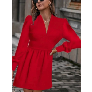 Kadın Uzun Kollu V Yaka Belden Hafif Pileli Scuba Krep Mini Boy Elbise